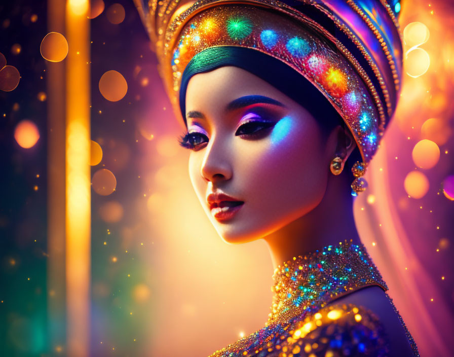 Colorful Traditional Headgear and Make-Up on Woman in Sparkling Lights