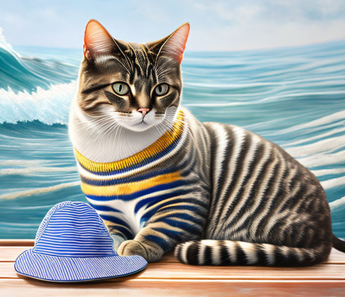 Tabby Cat in Striped Sweater with Blue Hat on Ocean Wave Background