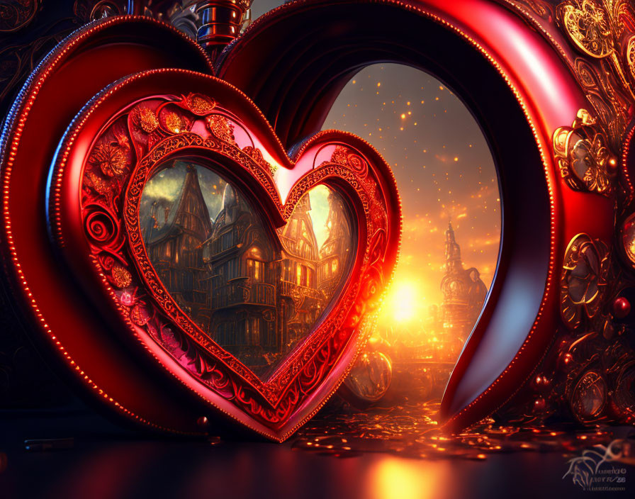 Fantasy portal in heart shape reveals magical city at sunset