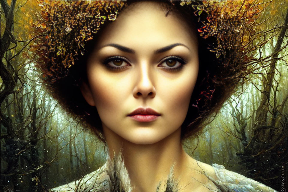 Digital artwork of woman with autumn foliage headdress in mystical forest