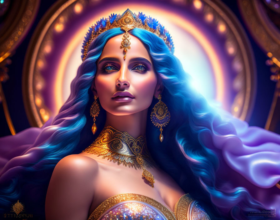 Ethereal digital portrait of woman with blue hair and elaborate headdress