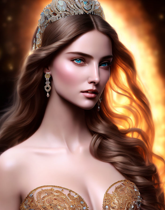 Woman with Flowing Hair and Golden Tiara in Fiery Setting