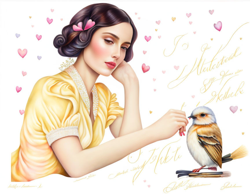 Vintage Hairstyle Woman in Yellow Dress with Bird and Hearts Illustration