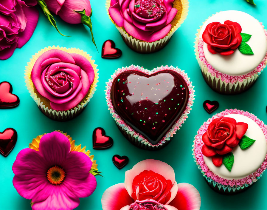 Assorted Cupcakes with Rose Designs and Heart-Shaped Chocolate on Teal Background