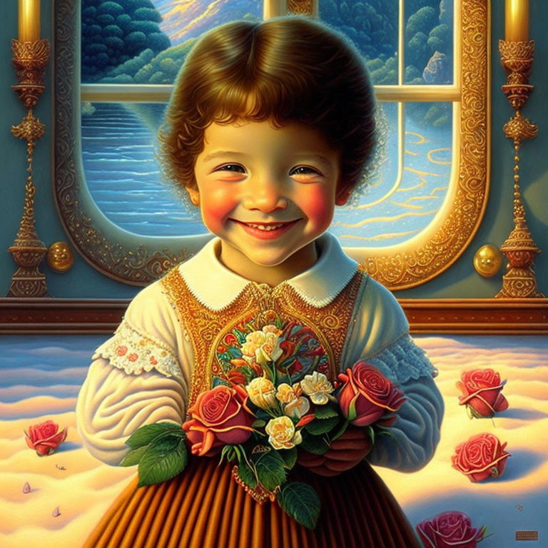 Smiling child with roses in front of serene sunset landscape