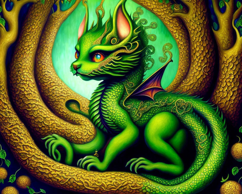 Colorful illustration of fantastical green dragon with red eyes and intricate scales against leafy backdrop