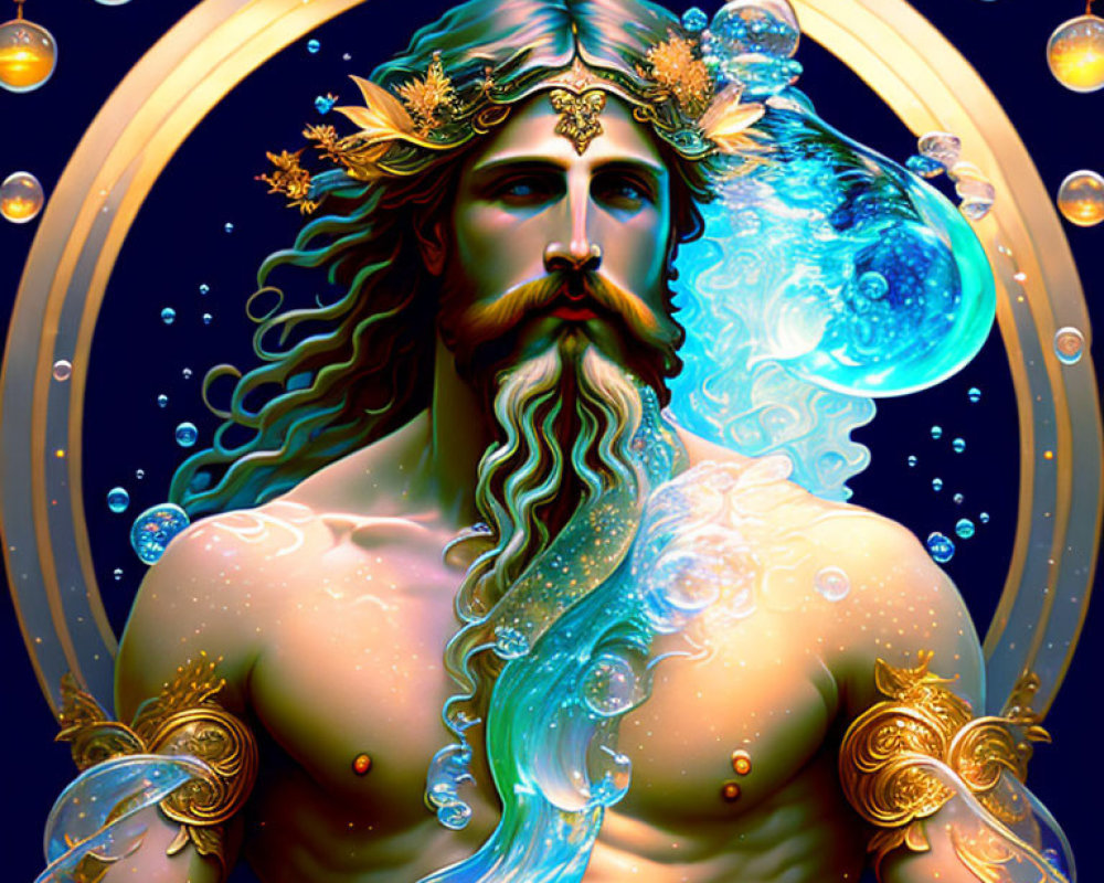 Mystical figure with gold crown and flowing beard in celestial setting