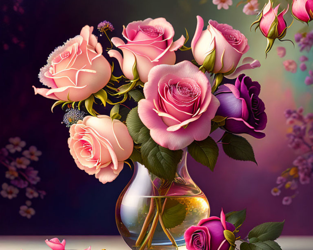 Colorful Pink and Purple Roses Bouquet in Glass Vase on Multicolored Background