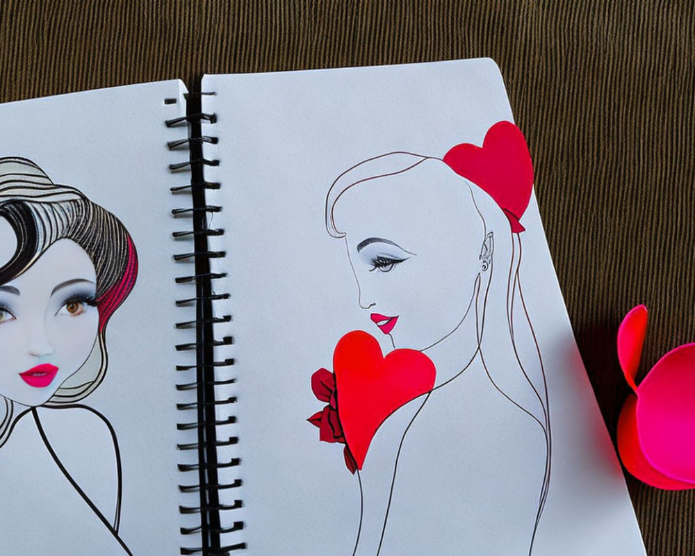 Sketchbook: Two Drawings of Women with Red Accents on Brown Textured Background