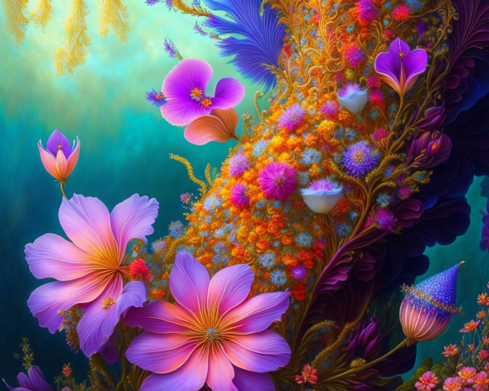 Ethereal garden digital art with vibrant purple, orange, and blue flowers on teal background