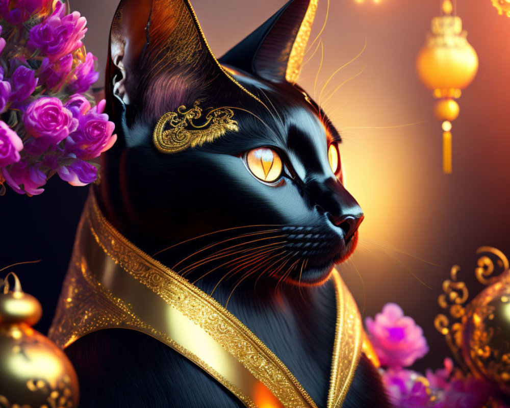 Majestic Black Cat with Golden Embellishments and Amber Eyes in Lantern-lit Setting