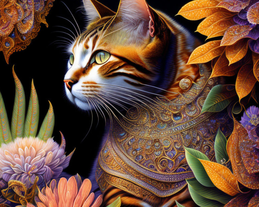 Tabby cat in ornate armor surrounded by vibrant flowers on dark background