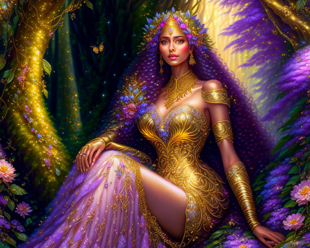 Regal woman in golden and purple attire surrounded by lush greenery