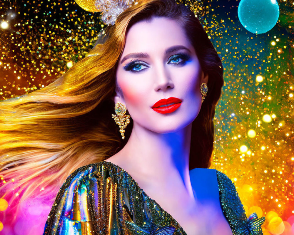 Glamorous woman with striking makeup in colorful backdrop