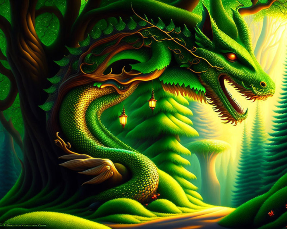 Green Dragon in Mystical Forest with Glowing Lanterns