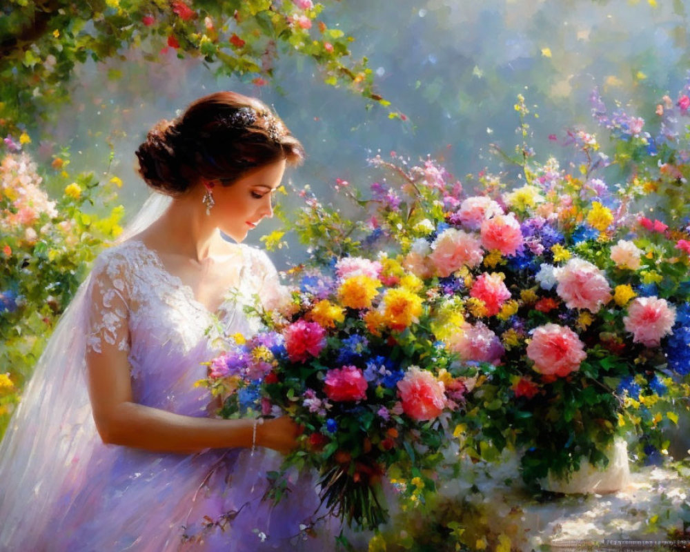 Bridal gown woman with vibrant bouquet in sunlit garden