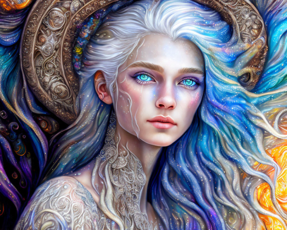 Silver-haired female figure with vibrant blue eyes in ornate swirling patterns