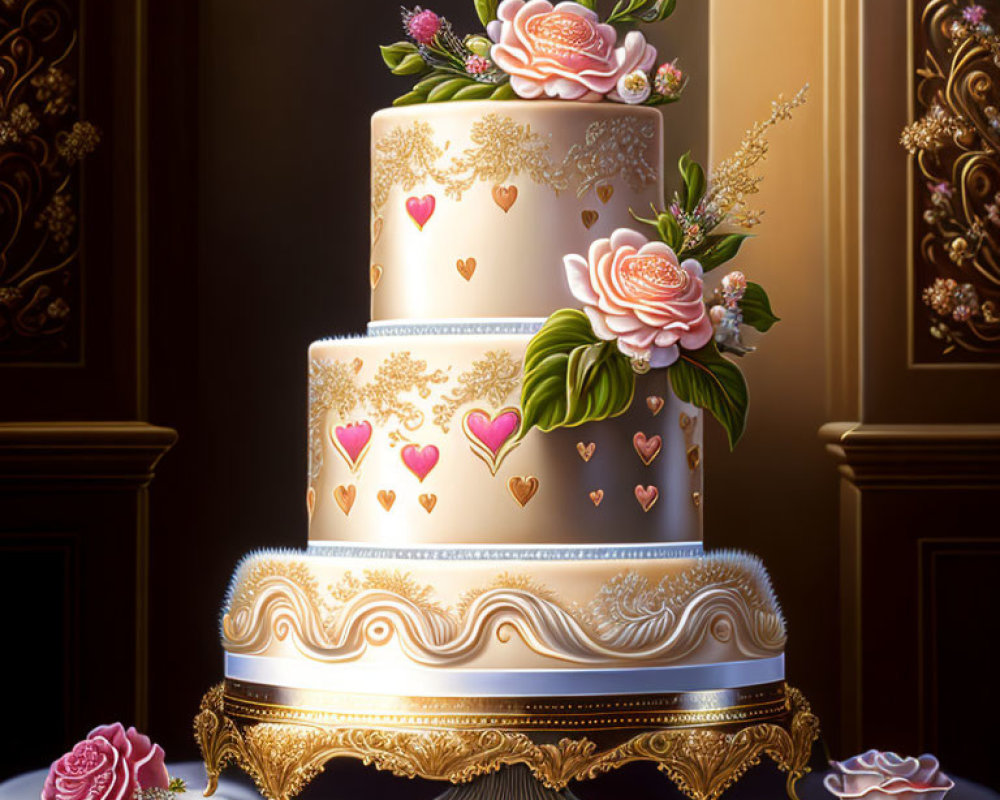Luxurious three-tiered cake with floral and heart motifs on golden stand