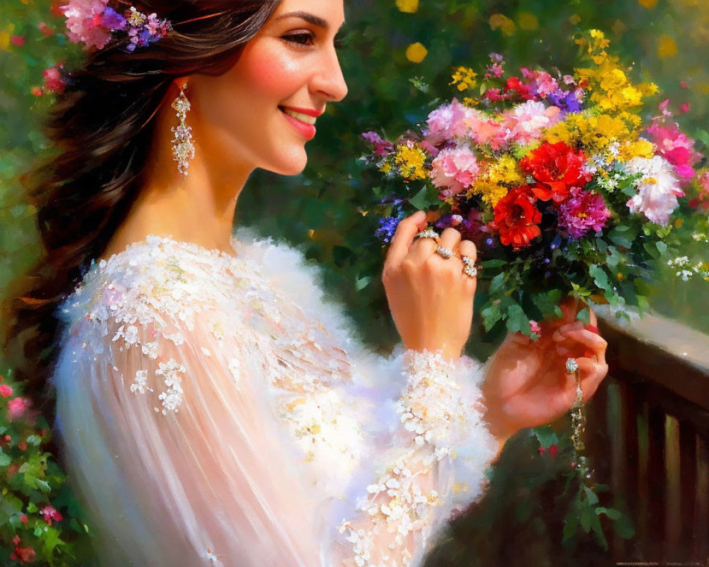 Smiling woman in floral crown with vibrant bouquet and white lace dress
