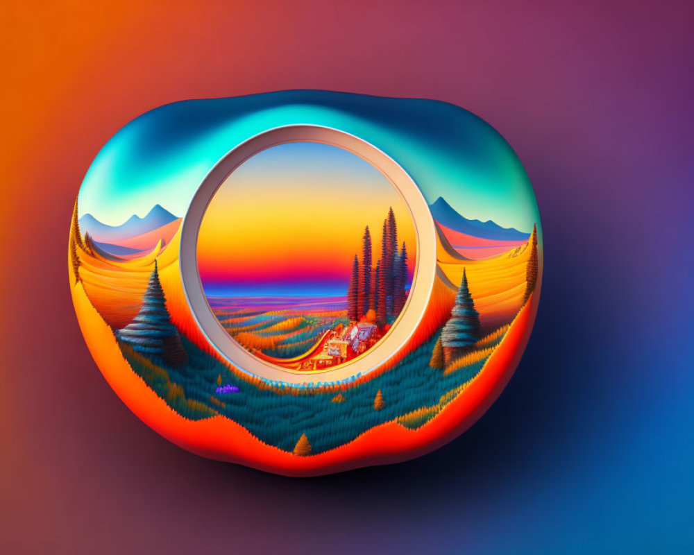 Vibrant circular landscape painting with mountains, trees, sunset sky, and village in orange frame