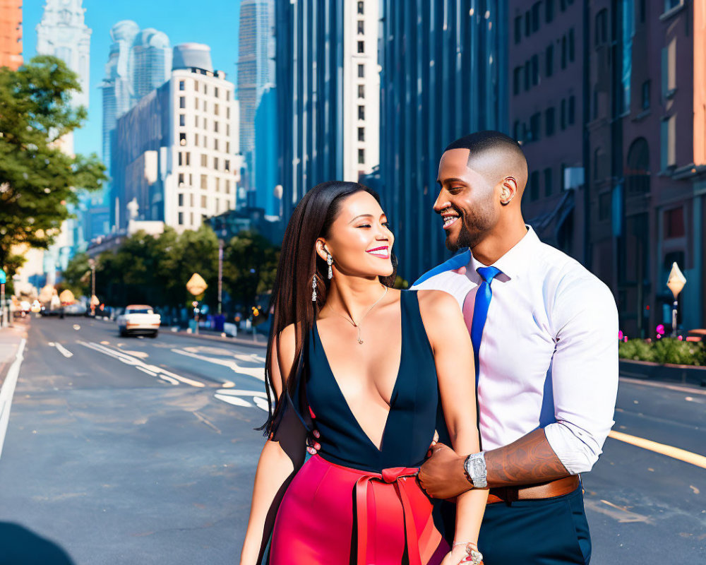 Elegant couple holding hands in city street with tall buildings