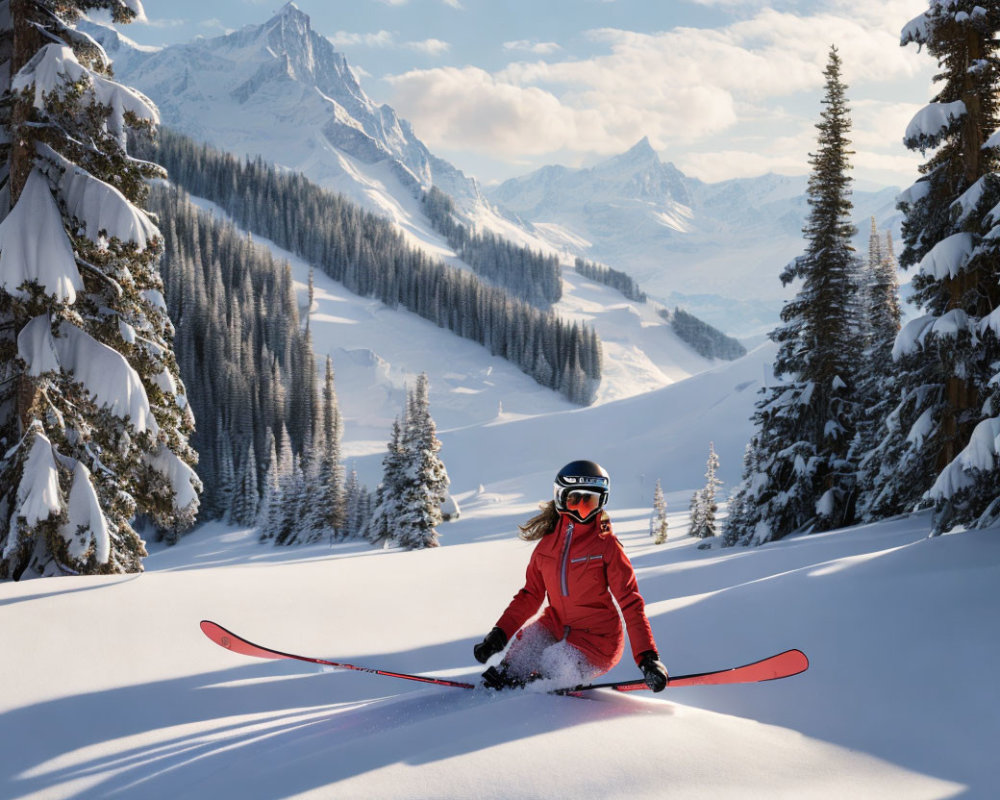 Skier in Red Jacket Carving Fresh Snow with Mountain Scenery