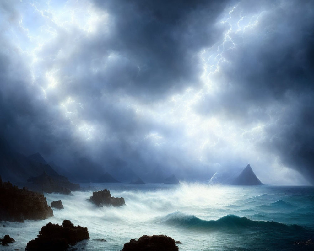 Stormy Sea with Lightning and Rocky Cliffs under Dark Sky