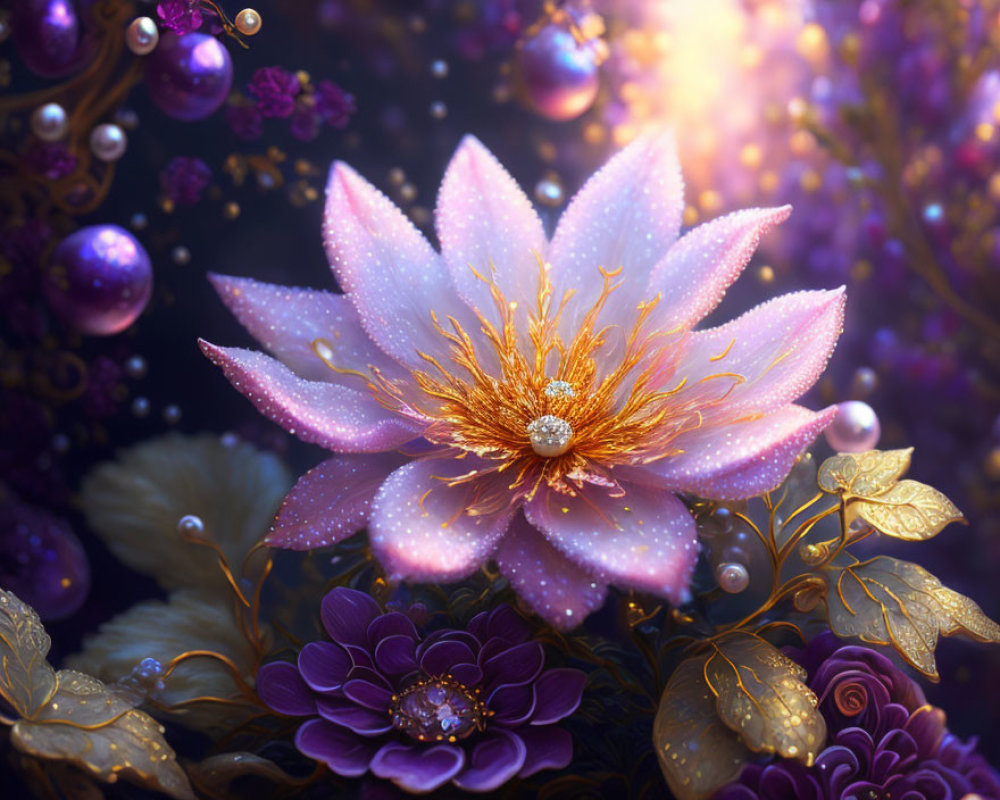 Pink Flower with Sparkling Center in Mystical Garden with Pearls