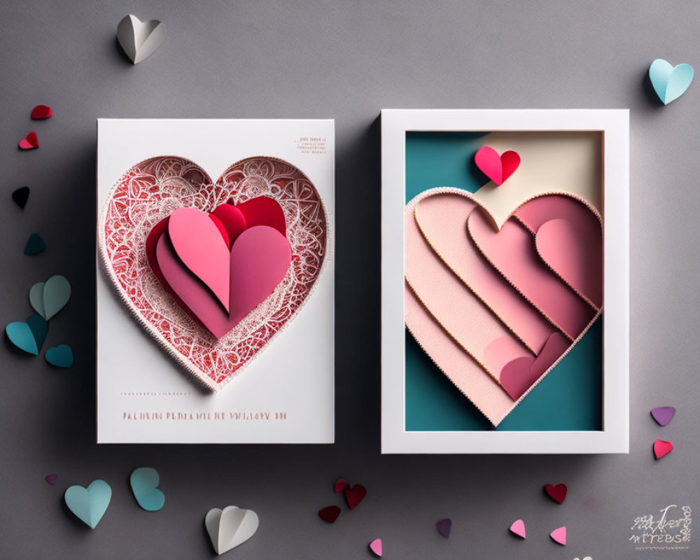 Paper Art: Intricate Heart Designs in Frames on Grey Background