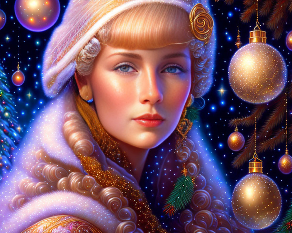 Illustrated woman in warm hat and fur cloak against festive backdrop.