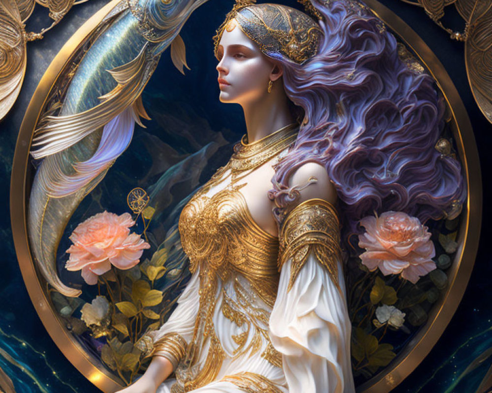 Detailed Artwork of Woman in Purple Hair & Golden Armor with Fish, Flowers, & Elaborate