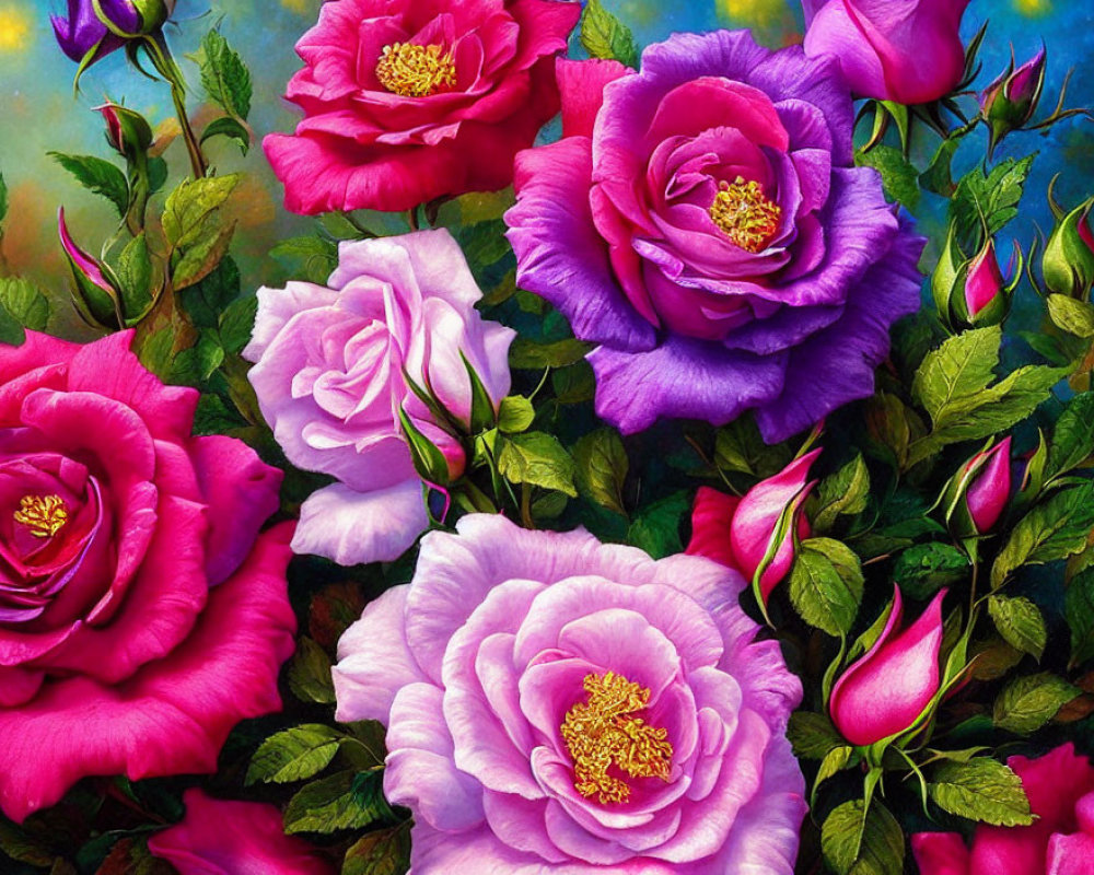 Detailed painting of pink and purple roses with golden stamens on colorful background