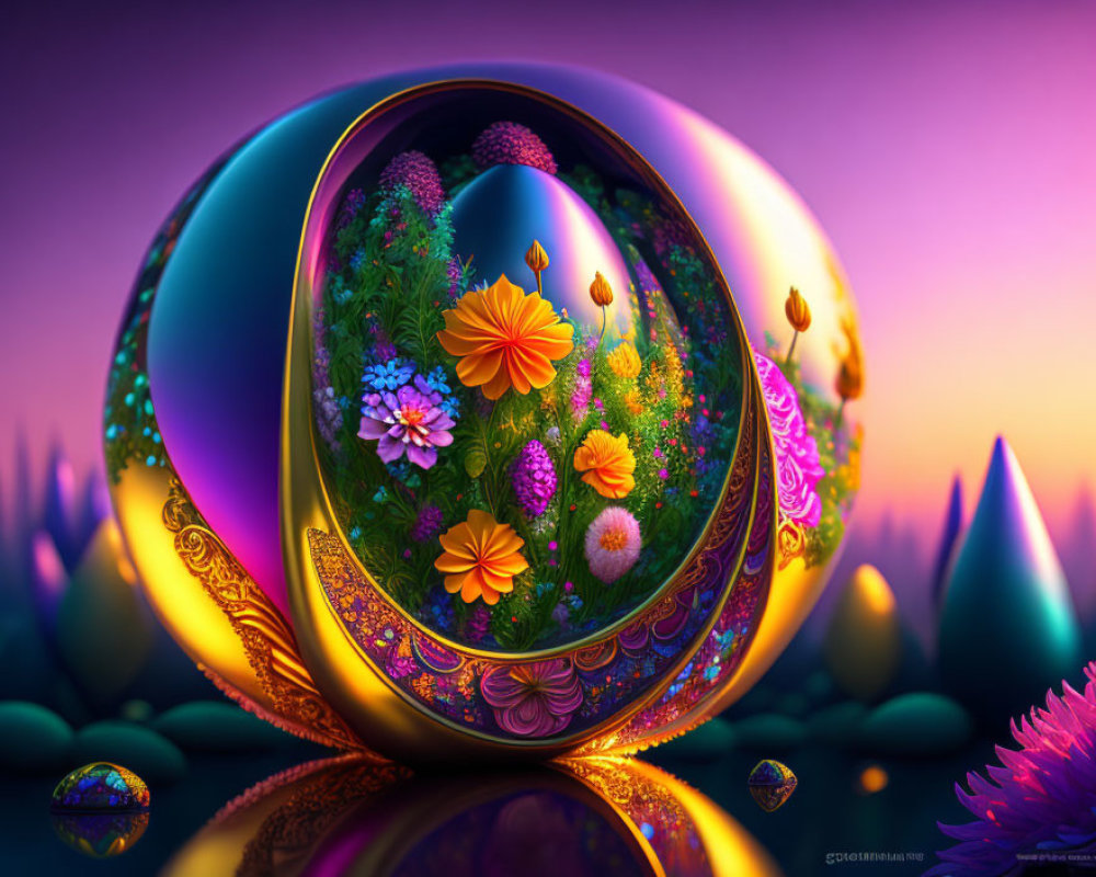 Colorful digital art: Glossy egg with lush garden in surreal purple setting
