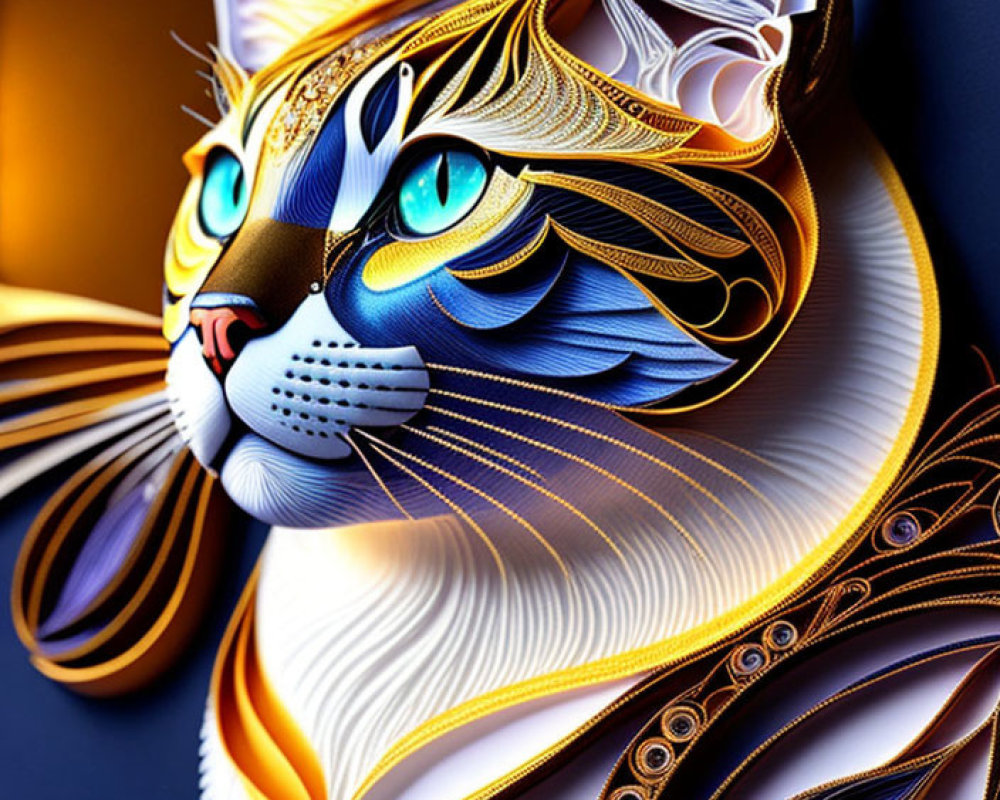 Colorful digital artwork of stylized cat with intricate patterns and blue eyes