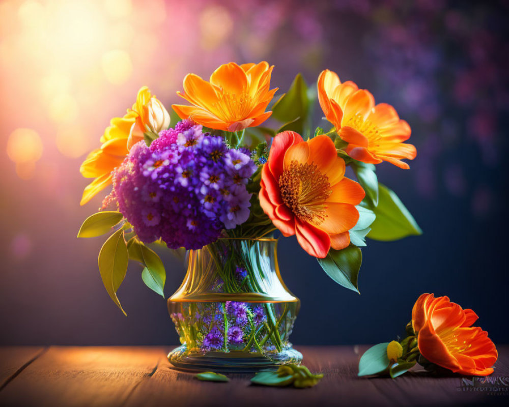 Colorful Purple and Orange Flower Bouquet in Glass Vase on Wooden Surface
