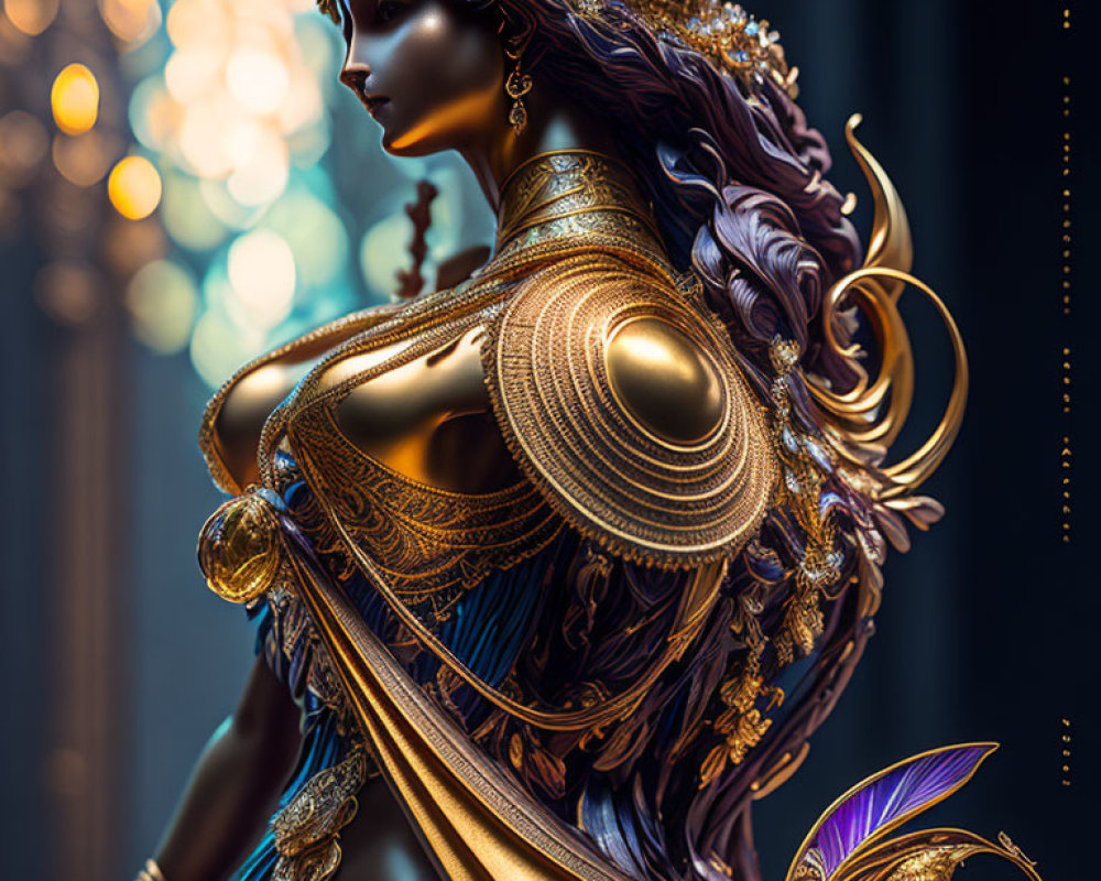 Golden-Detailed Figurine with Elaborate Headgear and Armor on Bokeh Background