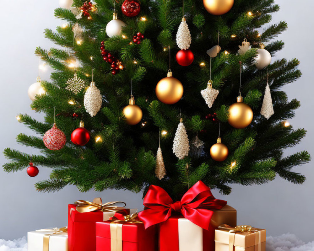 Festive Christmas tree with golden and red ornaments and presents