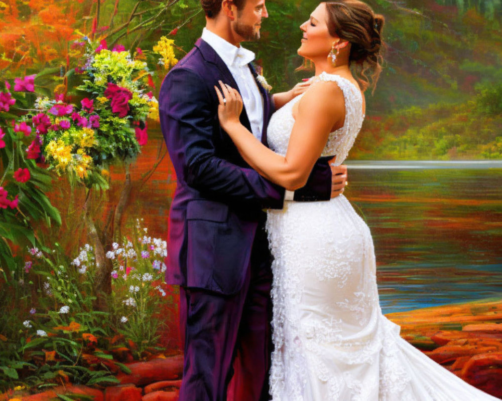 Wedding couple embracing by lake with floral backdrop