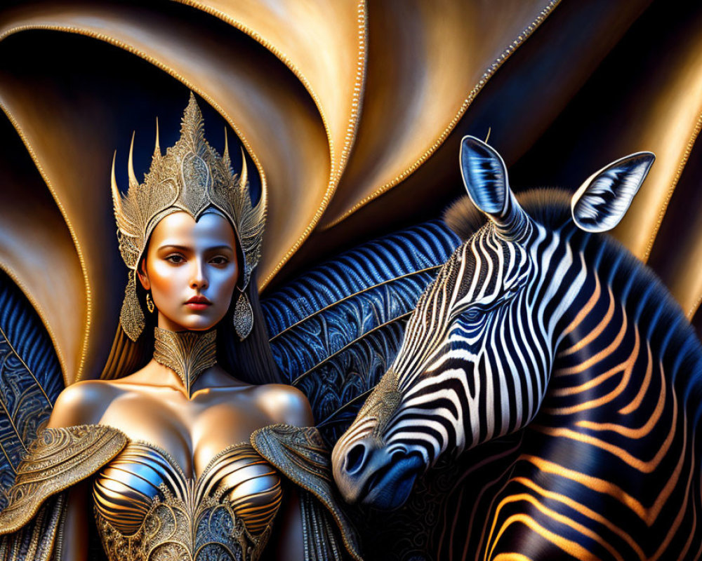 Digital artwork of woman with headpiece beside zebra in golden fabric backdrop