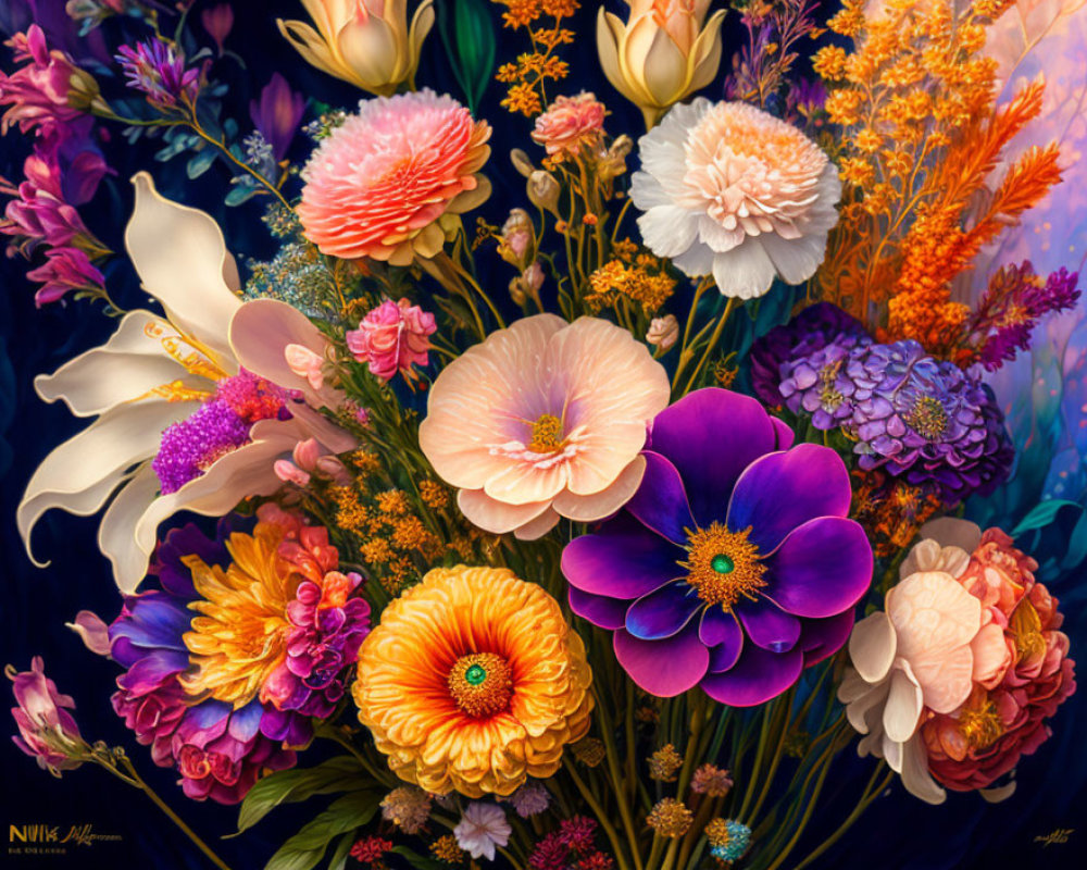 Colorful Bouquet of Various Flowers on Dark Background