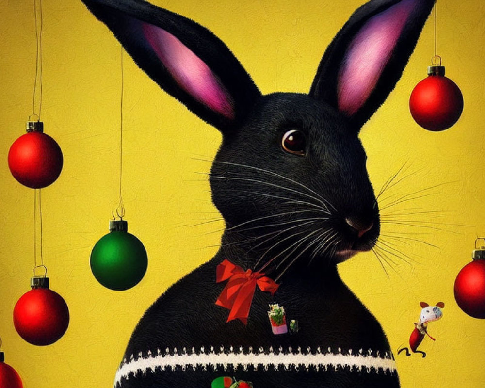 Black Rabbit in Christmas Sweater Surrounded by Red and Green Baubles