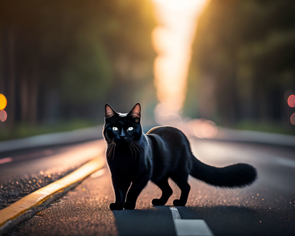 Black cat on road at sunset with golden glow and bokeh lights