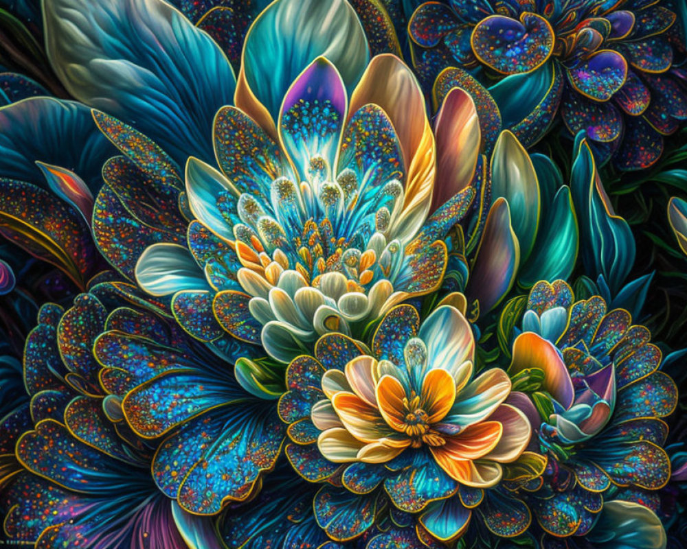 Colorful fractal art: blossoming flowers, intricate patterns, luminous colors
