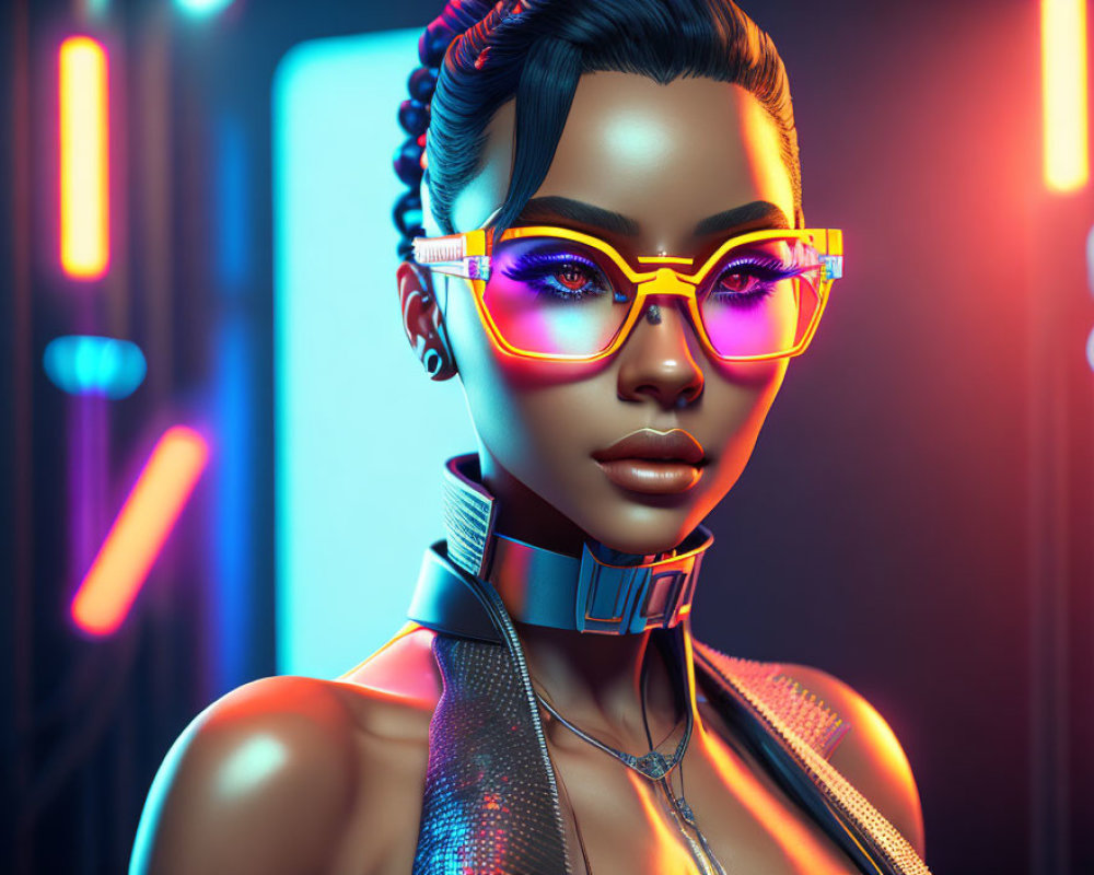 Futuristic woman with glowing glasses and metallic collar in neon lights