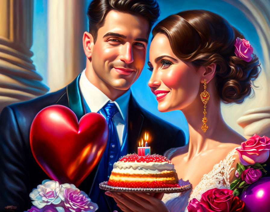 Colorful illustration of elegantly dressed couple with bouquet, heart balloon, and birthday cake.