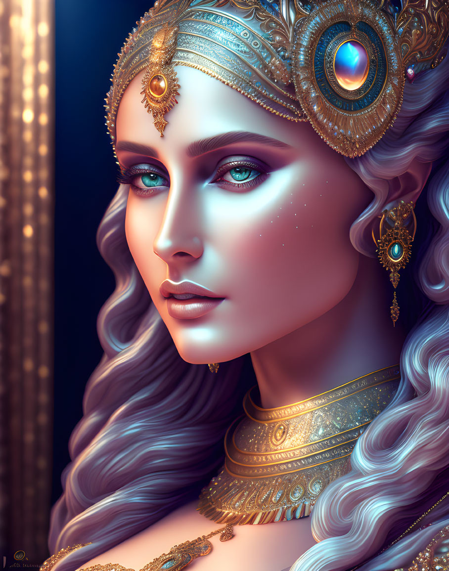Colorful digital portrait of a woman with golden headwear and blue eyes against a blue and gold backdrop