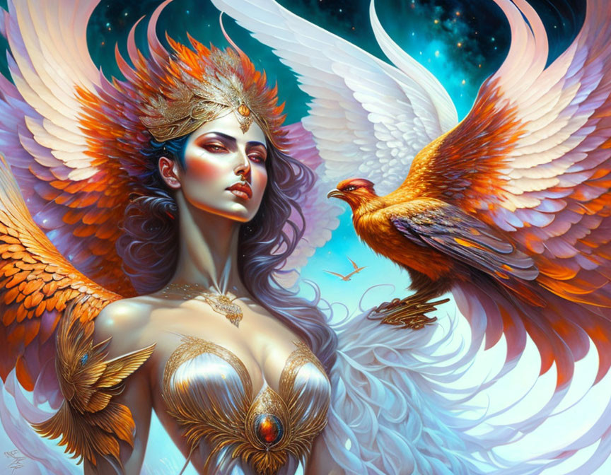 Fantasy Artwork: Woman with Ornate Crown and Resplendent Bird