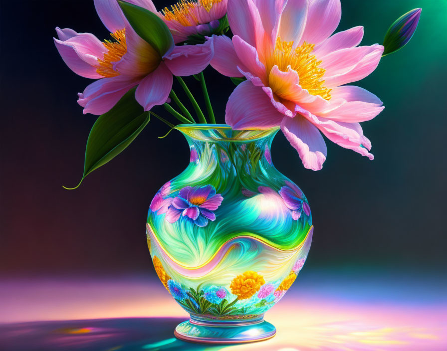 Pink Lotus Flowers in Colorful Glass Vase with Swirling Patterns