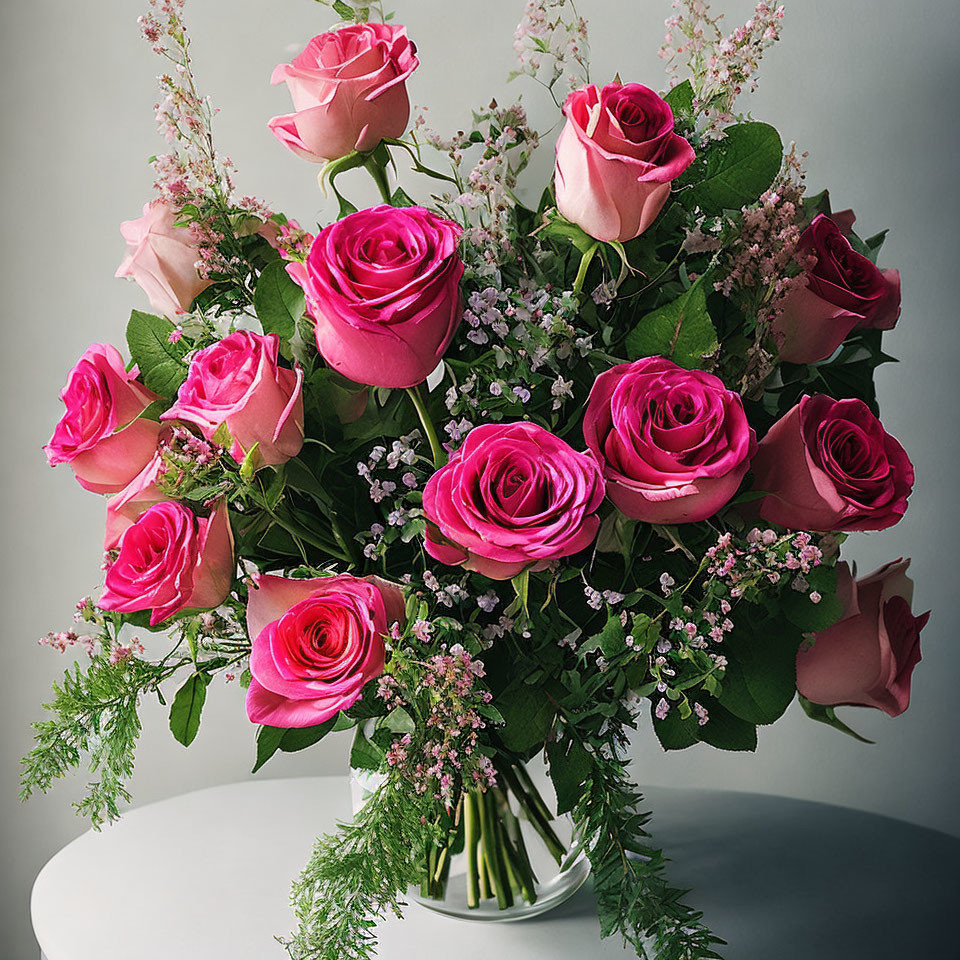 Pink Roses Bouquet with Baby's Breath and Greenery in Glass Vase
