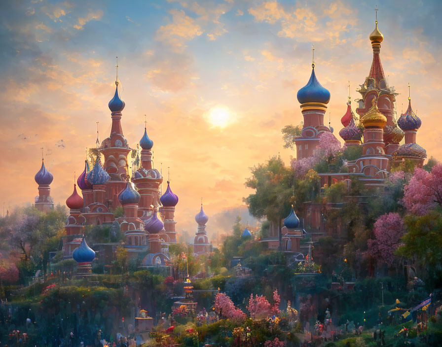 Whimsical sunset landscape with castles, onion domes, pink trees
